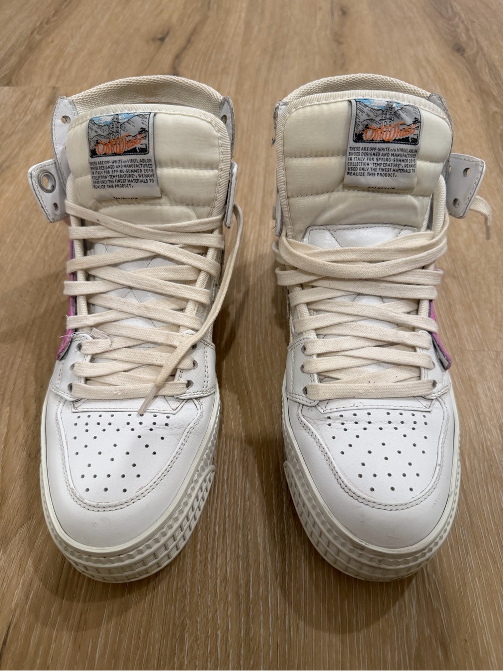 Off-White Cream High-Top Sneakers with Pink Side Tab